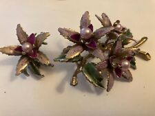 vintage estate enameled flower brooch and single clip on earring picture