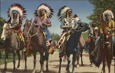 New Mexico Braves on horses for parade headdresses 1940s linen unused postcard picture