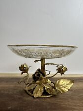 Vintage Italy Gold Gilt Tole Roses Tazza Glass Compote Bowl Hollywood Regency picture