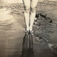 VINTAGE PHOTO 1940s beautiful woman standing in reflective Puddle Reflection Leg picture