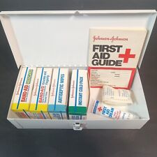 🔥Vtg Johnson & Johnson Metal First Aid Kit Box 80's 12x6 w Empty Boxes Prop. picture