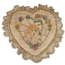 Antique 1920s Embroidered Pillow Lace Art Nouveau Deco Flapper Heart Boudoir 16