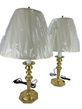 Two Vintage Solid Brass Candlestick Conversion Table Lamps New Fine Linen Shades picture