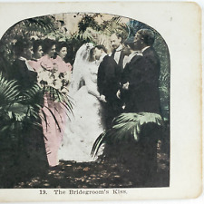 Bride Groom Wedding Kiss Stereoview c1905 Marriage Kissing Party Card Art C1311 picture