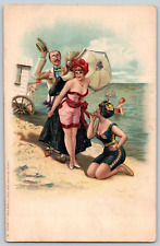 Embossed Postcard~ Humor~ Woman Obstructing View~ Beach Scene~ Beautiful Women picture