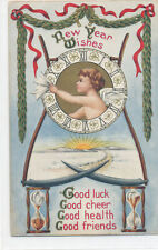 Good Luck & Cheer New Year Postcard - Cherub in Clock Face picture
