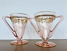 Vintage Art Deco Hand Painted Pink Depression Glass Creamer & Open Sugar Bowl picture
