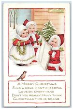 c1910's Christmas Children Caroling Song Bird Winter Berries Embossed Postcard picture