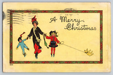 Postcard Christmas Ice Skating Elegant Woman With Children & Dog Antique 1916 picture
