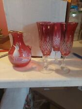 Antique Cranberry Pitcher And 4 Glasses picture