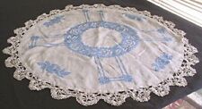 VTG BLUE HAND EMBROIDERED TABLE TOPPER/DOILY LACE EDGING 29 1/2