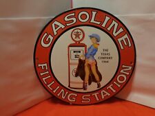 10in TEXACO GASOLINE SEXY COWGIRL SIGN HEAVY METAL PORCELAIN GREAT GRAPHICS #910 picture