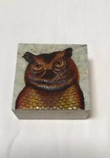 OWL TRINKET JEWELRY BOX CARVED STONE 4”VINTAGE HAND PAINTED picture