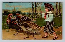 Thanksgiving Greeting-Gold Embossed Boy Child Herding Turkey's Vintage Postcard picture