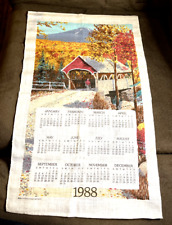 1988 Vintage Linen Calendar Tea/Kitchen Towel  Covered Bridge Fall Leaves Trees picture