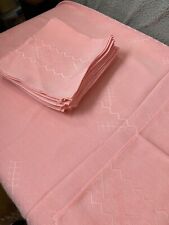 VTG Tablecloth Pink With White Stitching 60 x 110 Twelve Napkins picture