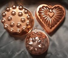 3 Vintage Copper Jello Molds--Small Tower, Bumpy Circle, Heart picture