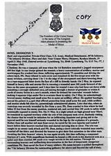 Desmond Doss Medal of Honor signed citation  copy &  facsimile World War II picture