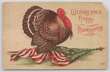 Wishing You a Happy Thanksgiving Turkey American Flag Divided Back Postcard picture