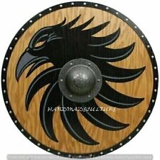 Wooden Round Shield Battle Ground Ready Warrior Oak Viking Raven Look Solid Gift picture