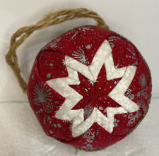 Vintage Quilted Fabric Christmas Ornament Ball Handmade Red White 4” picture