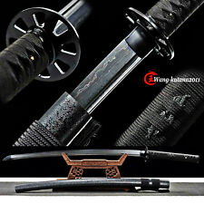 All Black Katana Damascus Folded Steel Functional Sharp Japanese Samurai Sword picture
