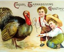 Thanksgiving Postcard Ellen Clapsaddle Unsigned Farm Boys Feeding Turkey 1908 picture