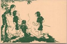 Vintage 1930s GIRL SCOUT CAMP Postcard Campfire Scene / Toasting Marshmallows picture