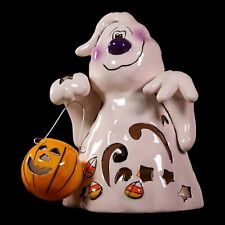 NWT Blue Sky Clayworks Halloween Ghost Holding Pumpkin Tealight Candle Holder  picture