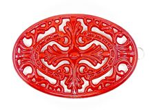Vintage Red Enamel Trivet,Decorative,Iron,Rubber Feet,Oval,Hanging Ring,11x7.6