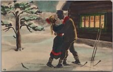 c1910s European SKIING Greetings Postcard Couple on Skis / Cabin - HAND-COLORED picture