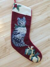 Vintage Gray Grey Needlepoint Christmas Stocking Tabby Cat EUC 17