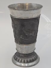 Vintage German Pewter Cup With Ornate Hunting Scenes 5 Inch Tall  picture