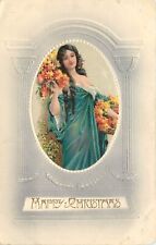 BB London Christmas Postcard X379 Beautiful Woman w/Flowers Neoclassical Columns picture