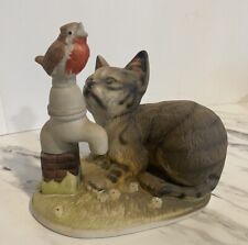 Vintage Kitten Cat Figurine And Red Bird Robin On Water Spout Porcelain CUTE picture