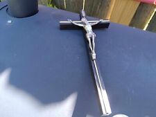 Vintage Black Wood Crucifix Silver Tone Jesus & Inlay, 