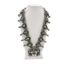 Vintage Navajo Sterling Silver & Turquoise Squash Blossom Necklace picture