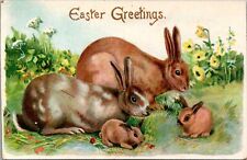 Easter Greetings Embossed Postcard Rabbits in Flower Patch picture