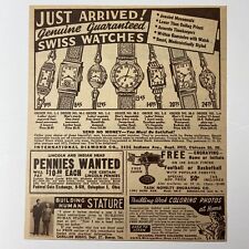 Print Ad Vintage Swiss Watches 1940s Pennies Wanted Ohio Stature Tash Novelty picture