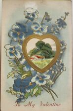 To My Valentine, Cute Home In Heart Frame, 1911 Floral Decorative Postcard picture