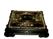 FRENCH VICTORIAN INKWELL BLACK LACQUER GILT MOP DOUBLE LARGE PEN TRAY ANTIQUE picture