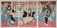 Kunisada Triptych Antique Japanese Woodblock Print Ukiyoe Meiji Toyokuni III picture