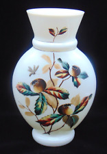Antique Victorian Bohemian Harrach Hand Painted Hickory Nut & Bee Art Glass Vase picture