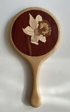 VTG Marquetry Wood Inlay Vanity Mirror Hand Held Daffodil Flower Beveled Glass picture