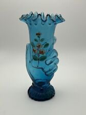 Antique Dainty Blue Turquoise Glass Hand-painted Hand Ruffle Vase Stunning VGUC picture