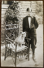 Pet Boxer Dog Antique RPPC Photo Stylish Teenage Boy Posed With His Beloved Pet picture