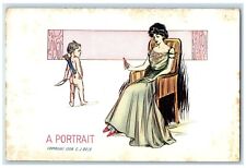 c1910's Pretty Woman Sat On Chair Cupid Angel A Portrait Antique Postcard picture