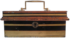 19TH C AMERICAN ANTIQUE BLK, RED & GOLD ENML PNTD TIN TOLEWARE CASH BOX W/DRAWER picture