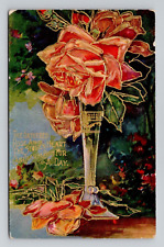 Postcard Floral Greeting Red Rose in Vase 