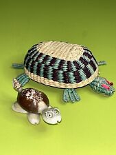 VTG RARE Intricate Turtle Trinket Basket Handmade  Rattan w/Shell Turtle Figure picture